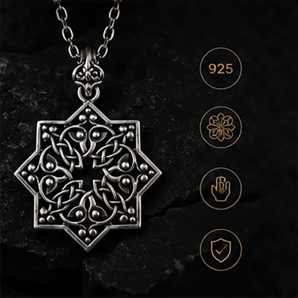 Goshavanq Octagon Pendant Crafted from Poghos Varbed Khachkar Stone - looping vine-like motifs