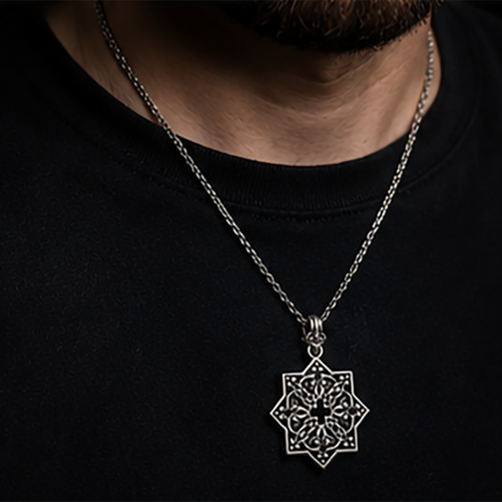 Goshavanq Octagon Pendant Crafted from Poghos Varbed Khachkar Stone - looping vine-like motifs